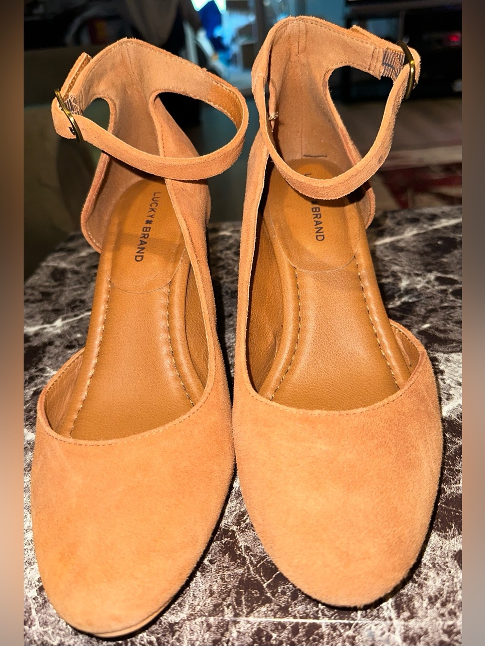 Lucky Brand Women’s Tan Suede Ankle-Strap Heels